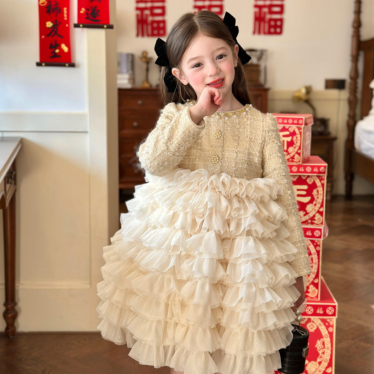 栀了成长记童装女童小香风重工公主裙2025冬季儿童甜美加绒连衣裙,童装/婴儿装/亲子装,连衣裙,淘宝优惠券,粉丝福利购,淘宝优惠卷