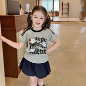 栀了成长记童装 T恤夏儿童字母印花卡通上衣 女童立体公仔百搭短袖
