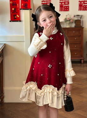 栀了成长记童装女童红色丝绒背心裙2025冬季儿童小香风加绒连衣裙