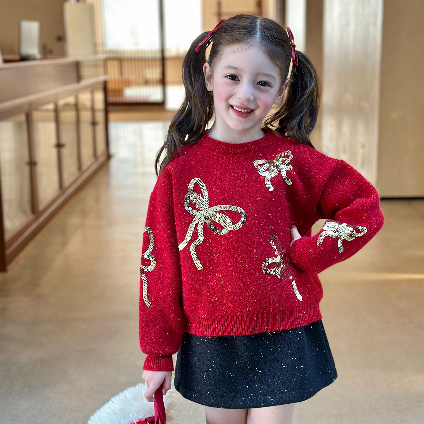 栀了成长记童装女童红色圣诞毛衣2025冬季儿童亮片蝴蝶结针织上衣,童装/婴儿装/亲子装,毛衣/针织衫,淘宝优惠券,粉丝福利购,淘宝优惠卷