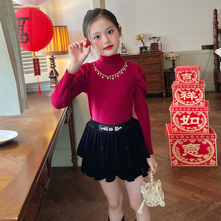 栀了成长记童装女童红色半高领打底衫秋冬儿童宝宝百搭泡泡袖上衣