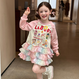 栀了成长记童装女童彩虹网纱印花卫衣裙2025秋季儿童插肩袖连衣裙