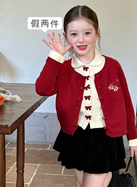 栀了成长记童装女童时髦假两件圣诞毛衣儿童女童红色百搭针织上衣