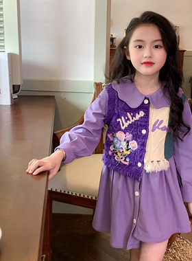 栀了成长记童装女童紫色灯芯绒连衣裙春秋儿童宝宝花朵领衬衫裙子