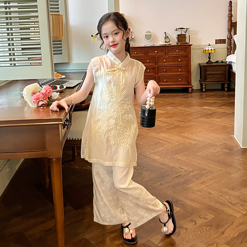 栀了成长记童装女童国风精美刺绣飞鹤套装儿童旗袍阔腿裤两件套