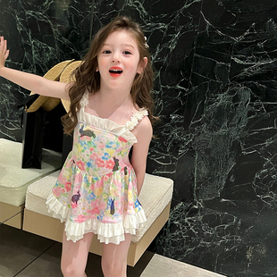 栀了成长记童装 女童小兔碎花连体泳衣儿童小女孩防走光裙摆游泳衣