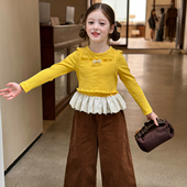 栀了成长记童装 上衣 儿童宝宝修身 女童假两件坑条T恤2026春季 新款