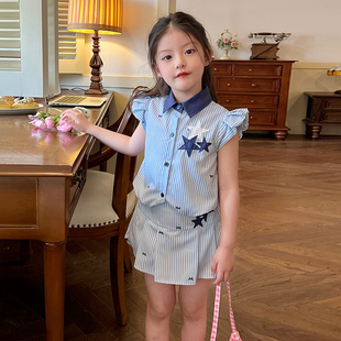 儿童洋气衬衫 栀了成长记童装 2025新款 女童学院风条纹套装 短裙 夏季