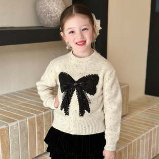 儿童蝴蝶结亮片针织上衣 套头毛衣2025冬季 栀了成长记童装 女童韩版
