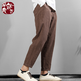 新款 纯色潮流长裤 男士 宽松苎简约高端直筒九分裤 子 棉麻休闲裤 夏季