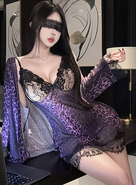 2026新款性感豹纹蕾丝诱惑吊带睡裙薄款网纱透视家居服女睡袍套装