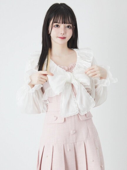 小回2024春季新款 日系甜美透视欧根纱大系带蝴蝶结上衣罩衫女