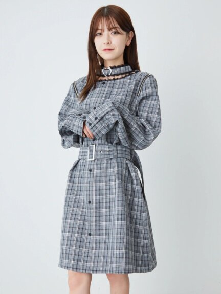 小回春秋款  日系甜美连衣裙长袖收腰格子显瘦女士a字