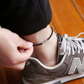 925银箴言脚链男个性 潮酷简约本命年转运珠编织六字真言黑红脚绳