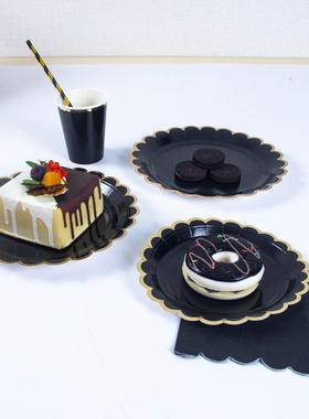 black party plates聚会甜品碟子一次性烫金边黑色派对纸盘纸杯