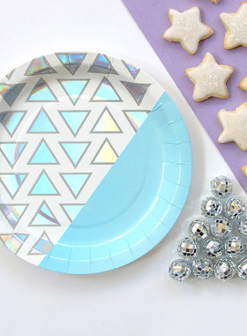 蓝色派对盘子镭射纸盘纸杯儿童生日趴蛋糕碟子baby shower party