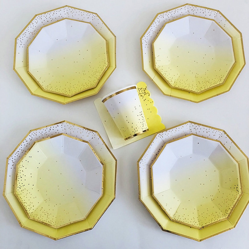新款蛋糕纸盘黄色渐变十边形儿童生日party餐桌布置套装儿童餐盘