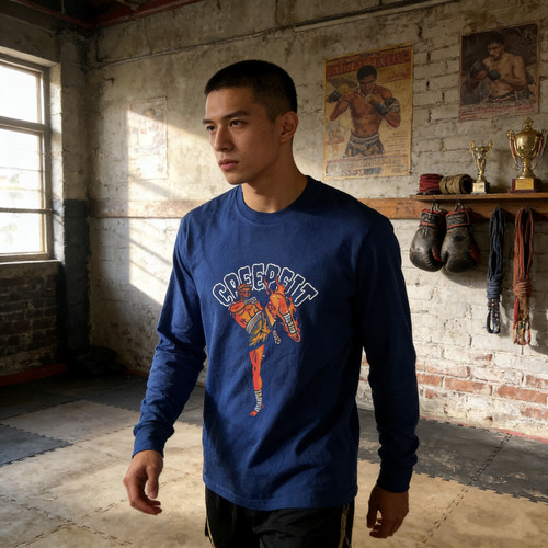 格斗长袖 泰拳文化T恤男  boxing拳击训练衣服 潮流印花全棉长袖