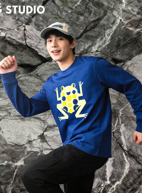 创意长袖 趣味T恤 几个黄色青蛙印花长袖男T恤  秋冬男上衣打底服