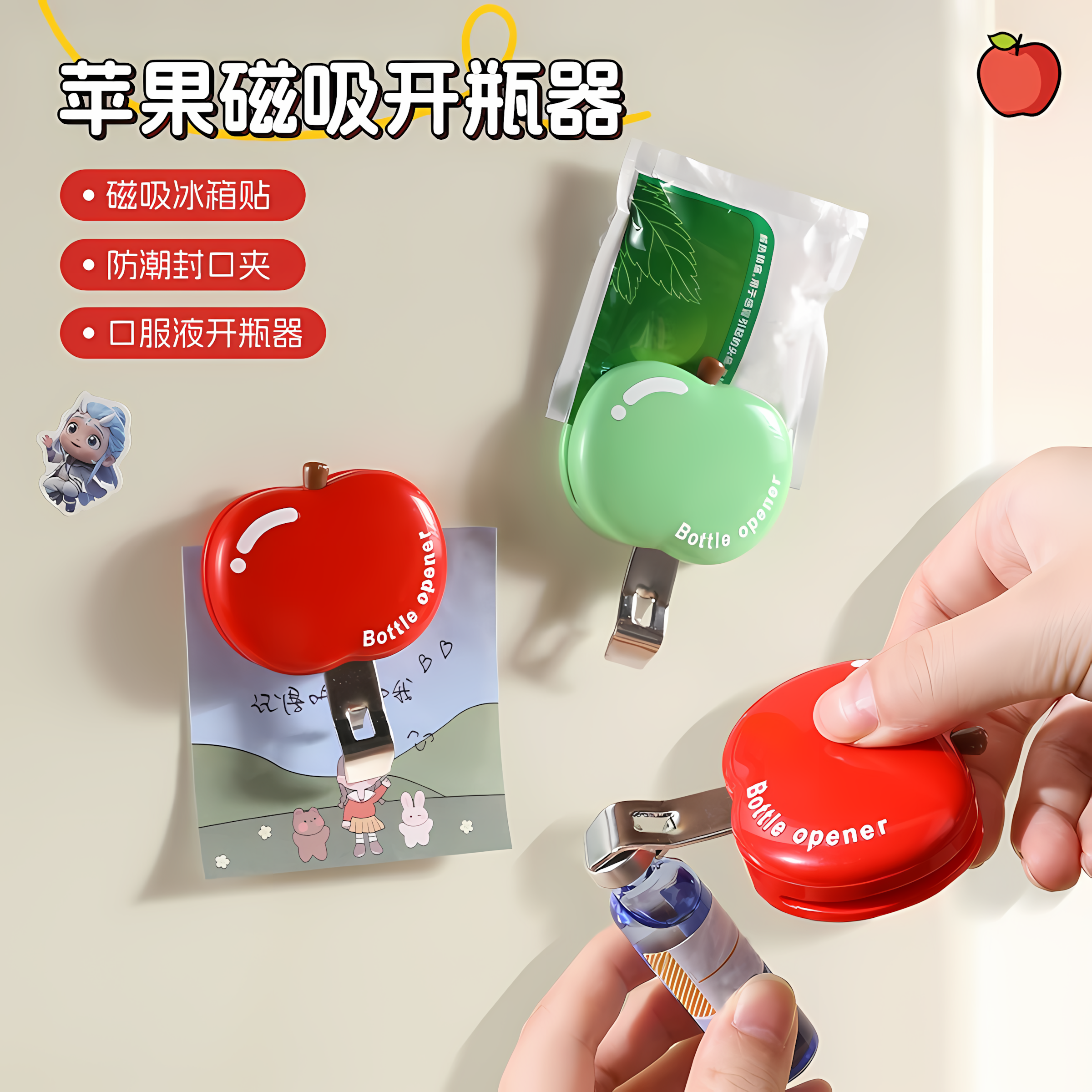 苹果磁吸口服液开瓶器啤酒红酒起瓶器开瓶盖神器冰箱贴防潮封口夹