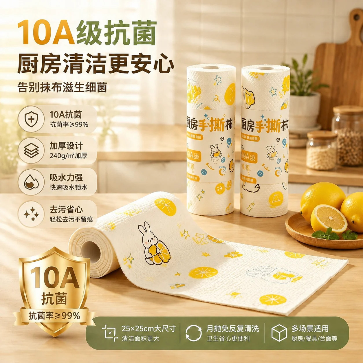 青柠猫印花周抛懒人手撕抹布加厚款干湿两用洗碗布家用厨房百洁布