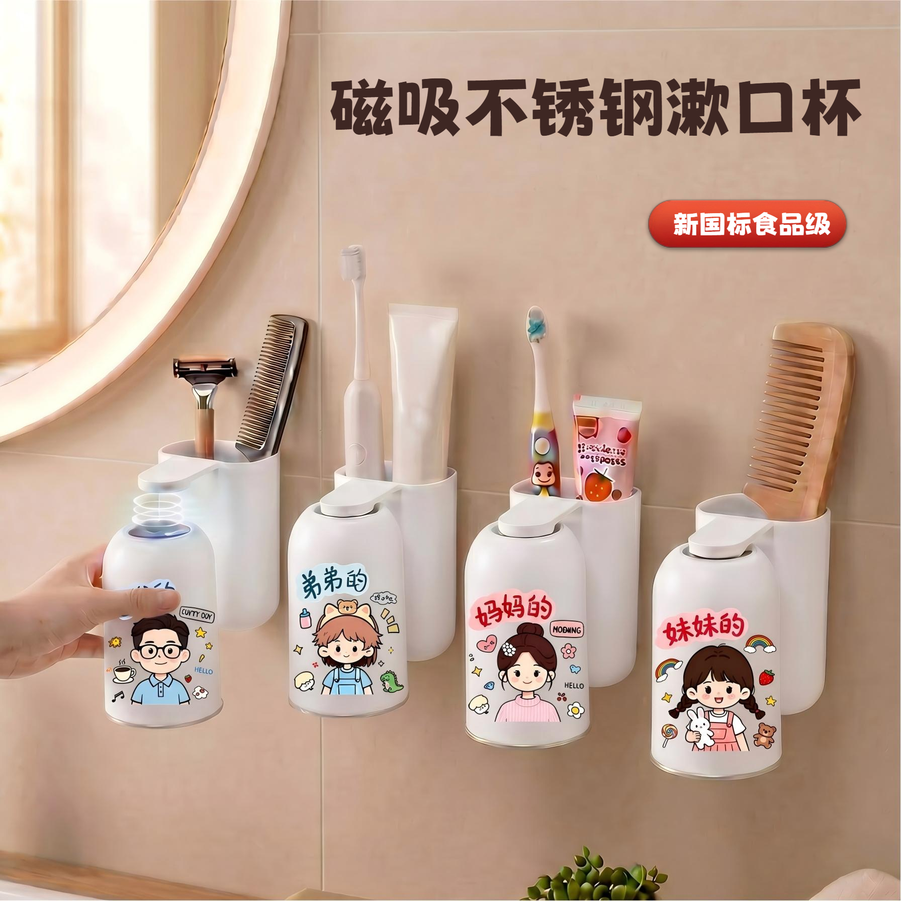不锈钢漱口杯壁挂牙刷架刷牙杯磁吸式牙刷置物架家用儿童卡通杯子