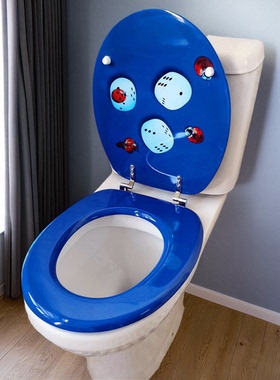马桶盖家用通用加厚缓降坐便器盖板老式欧式UOV型马桶圈蓝色飘虫
