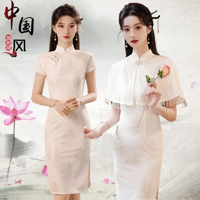 现代改良时尚蕾丝绣花披肩淑女宴会连衣裙2025新款苏州年轻OL旗袍