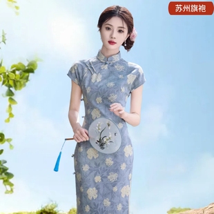 新中式时尚竹节麻印花中长款旗修身显瘦模特迎宾新款2025旗袍苏州