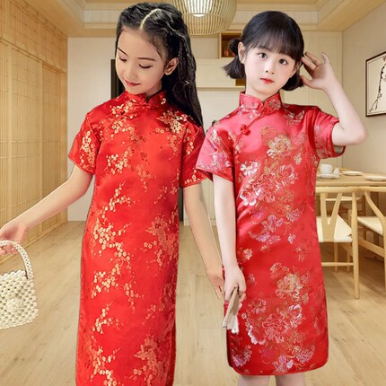中国风中大小童连衣裙新中式公主裙汉服短袖新款2026女童锦缎旗袍