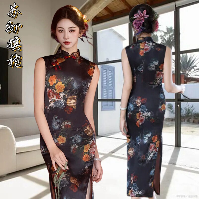 苏州醋酸花无袖修身显瘦复古旗袍
