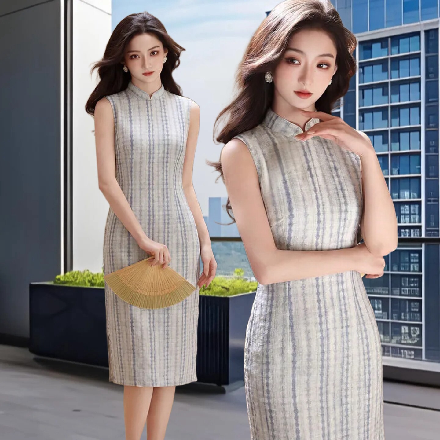 上班日常苏州丝麻无袖条纹旗袍女