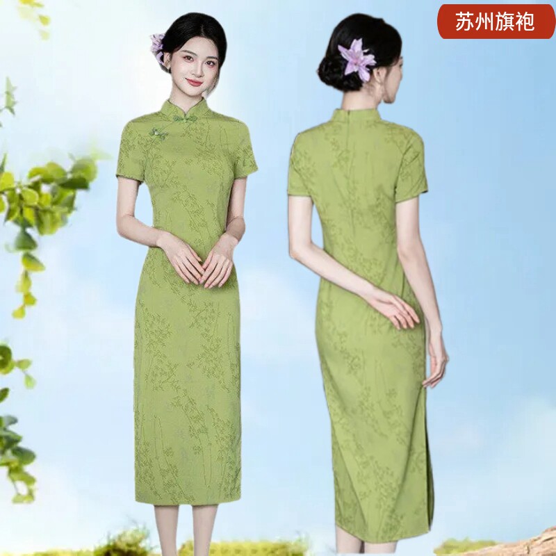 弹力棉苏州旗袍短袖修身立领女