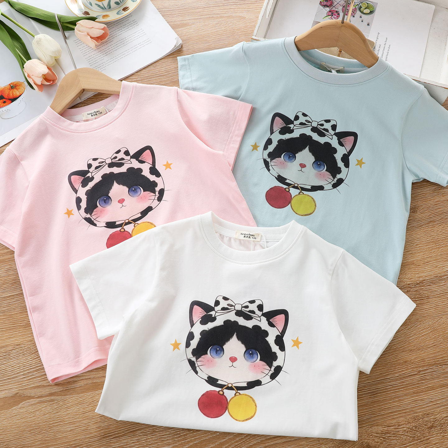 女童猫咪印花短袖夏季新款童装小女孩洋气上衣儿童休闲半袖T恤衫