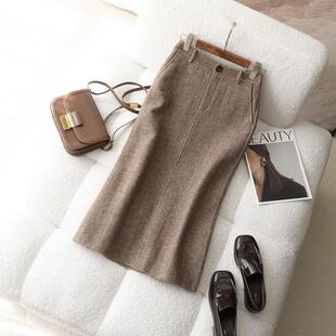 早八人通勤!暖咖色篙级百搭双面羊毛半裙冬季新品双面呢直筒裙