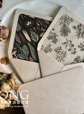 现货原创棉麻麻布质感纸质自然草木森系内衬图案礼物卡片信封封套