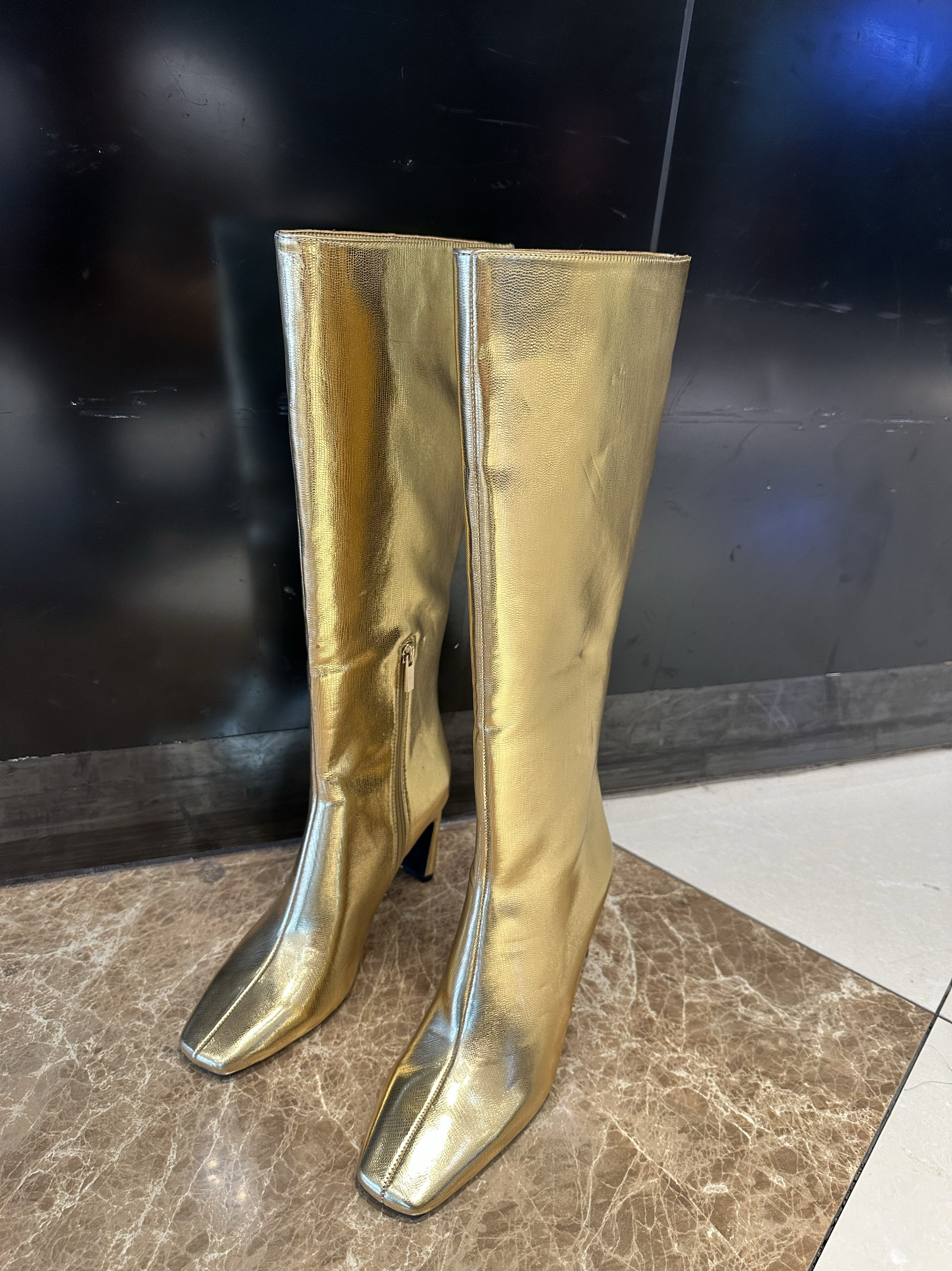 秋季新款stradivarius金色方头粗跟高跟高筒靴长靴女靴