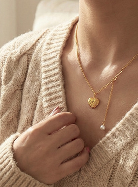 欧美ins轻奢风几何爱心吊坠链条拼接项链长款流苏贝珠不锈钢耳饰