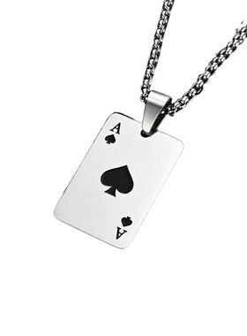 2025秋冬新款通体钛钢项链 财运亨通黑桃红心A扑克吊坠情侣毛衣链