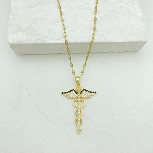 2025秋季新款镶钻铜吊坠钛钢项链跨境热卖翅膀双头蛇权杖吊坠项链