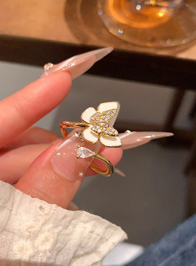 法式轻奢镶钻蝴蝶戒指女小众设计感水滴百搭开口食指戒首饰品