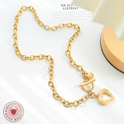 Marka法式风格夸张粗链条心形OT扣项链爱心项链女锁骨链钛钢饰品