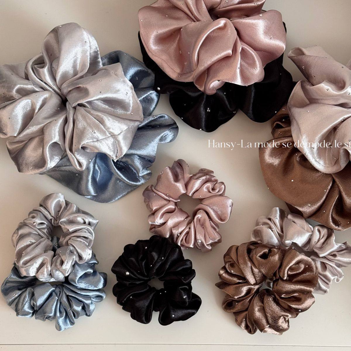 韩系满天星水钻大肠发圈女高级感低马尾皮筋扎头绳缎面布料头绳