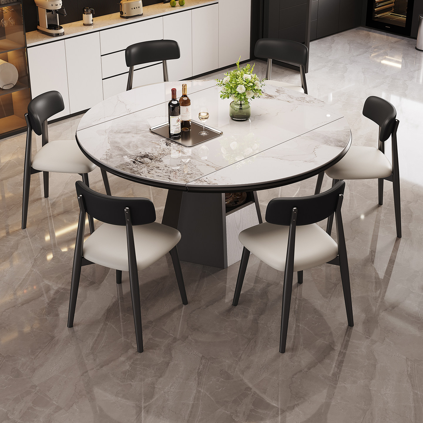 意式轻奢岩板餐桌家用小户型现代简约可伸缩折叠储物方圆两用饭桌