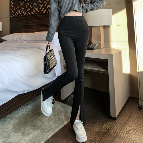 Real shot real price elastic split flared pants new design feeling slim Korean high waist casual pants