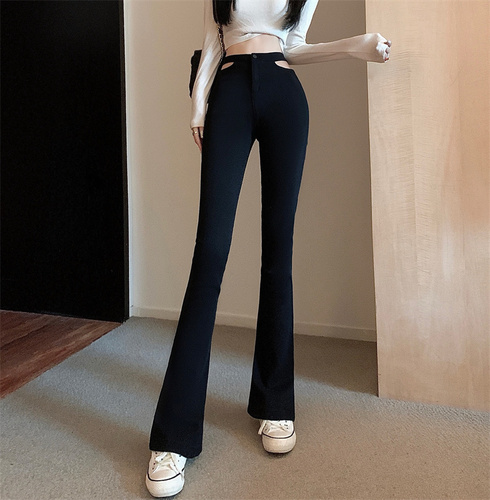 Actual shot of Korean style slimming and versatile tight-fitting bell-bottom pants, new hollow fashion denim trousers