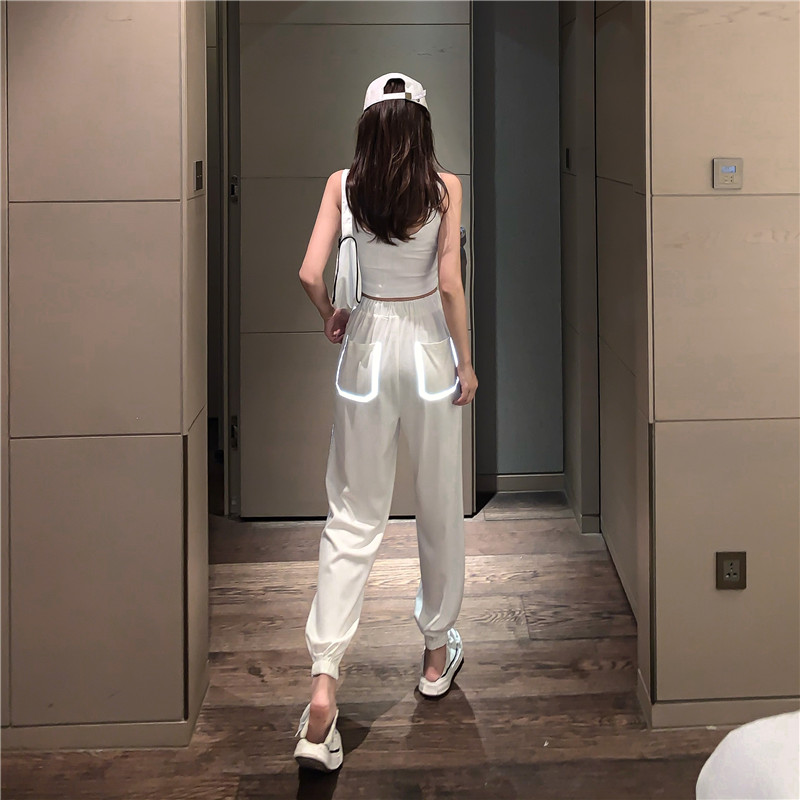 Real shot real price reflective strip thin casual loose high waist drawstring hem elegant slim sports Harem Pants