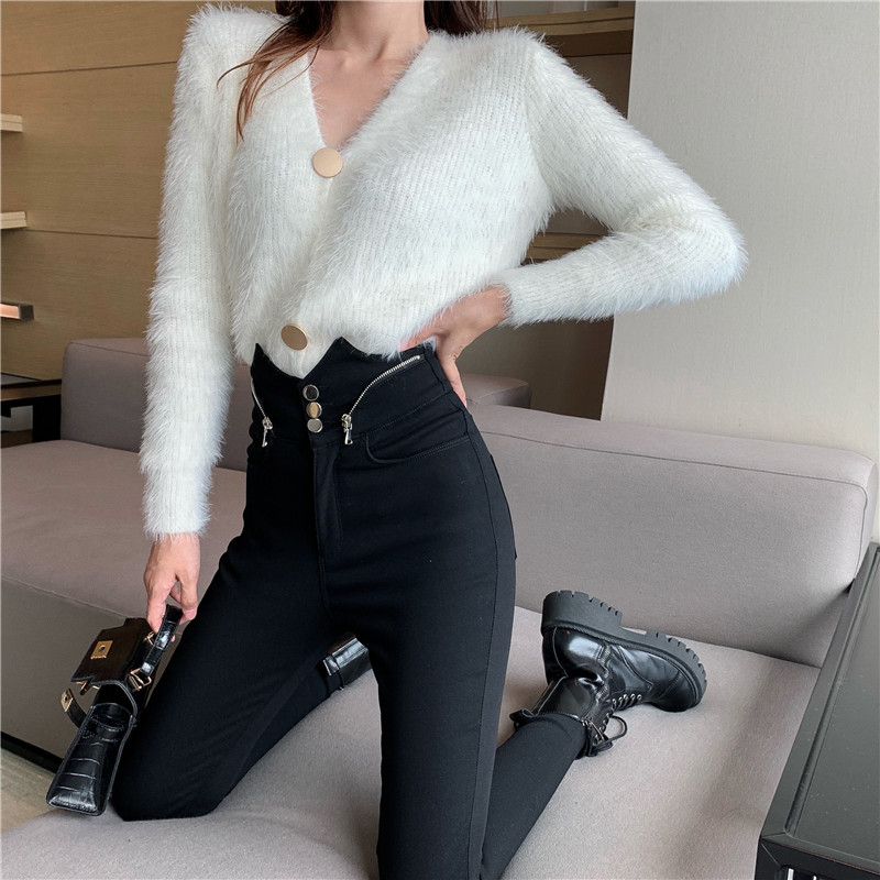 New irregular autumn and winter slim double zipper breasted high elastic nine point denim Leggings