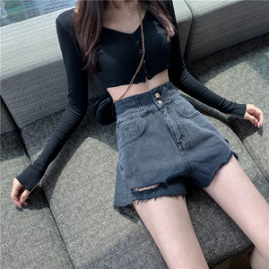 RM22749#宽松阔腿新品装饰金属扣高腰破洞毛边牛仔短裤女