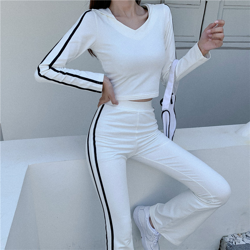 Shooting real price autumn sports style short striped long sleeve Hooded Sweater + micro flared pants casual two piece suit